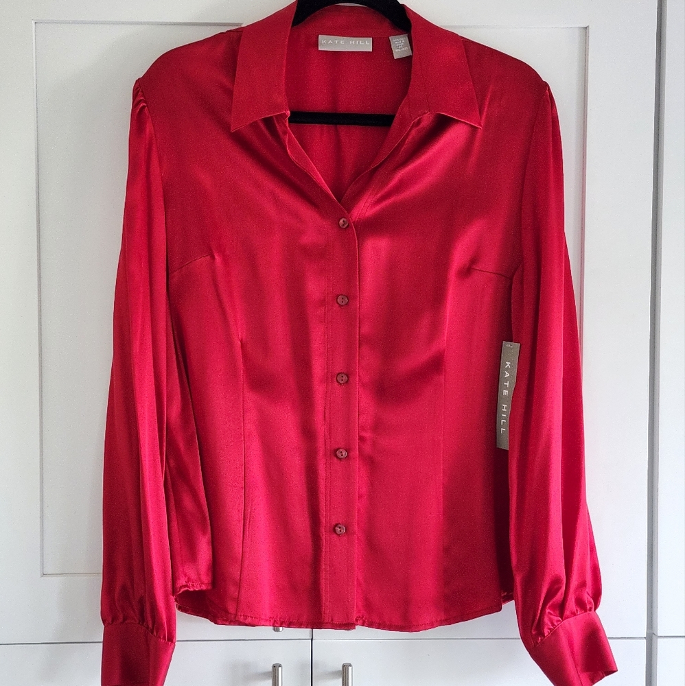 NWT Kate Hill Silk Blouse Red Size 14 - Picture 2 of 9